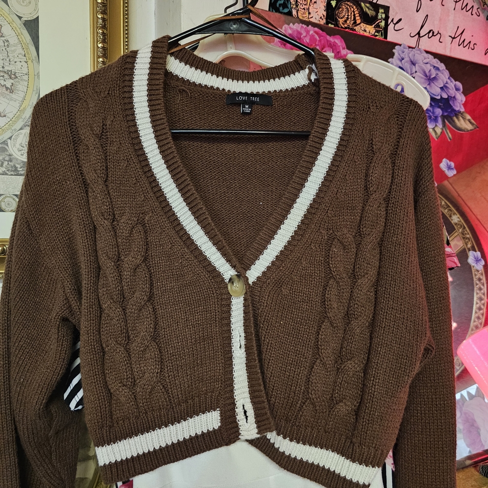 Love Tree Chocolate and Ivory Cable Knit Cardigan